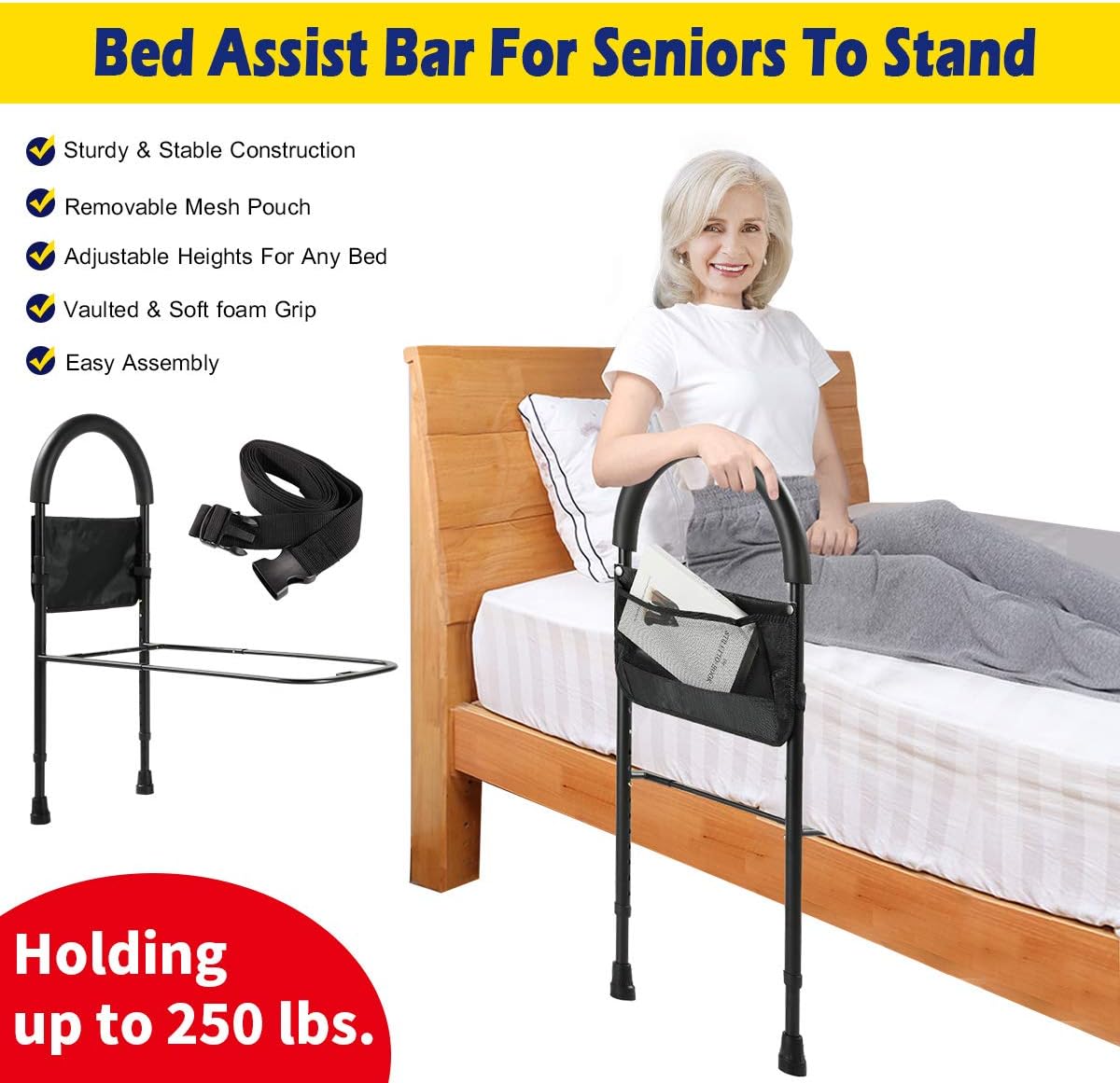 Buy PENNYNANA Bed Assist Bar with Storage Pocket ,Height Adjustable Bed Rail for Elderly Seniors
