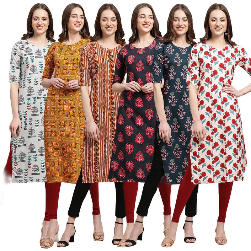 Image of Pinkmint Printed Kurti for Women's ll Straight Kurtis for Women's ll Stylished Kurti (Pack of 6)