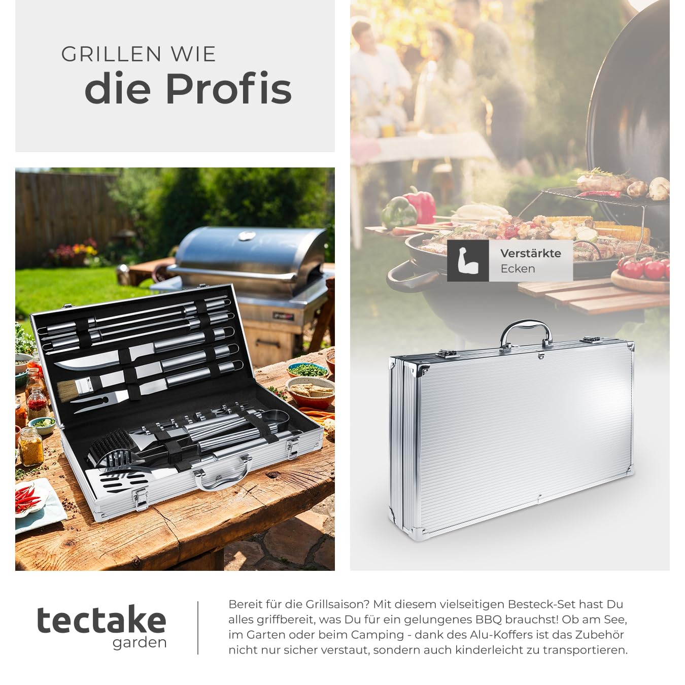 tectake® 18-TLG. Edelstahl Grillbesteck im Aluminium Koffer, Grillzubehör für Kugelgrill, Smoker, Kohlegrill, im Garten, beim Camping, als Geschenke für Männer, inkl. Fleischgabel, für Schaschlikgrill