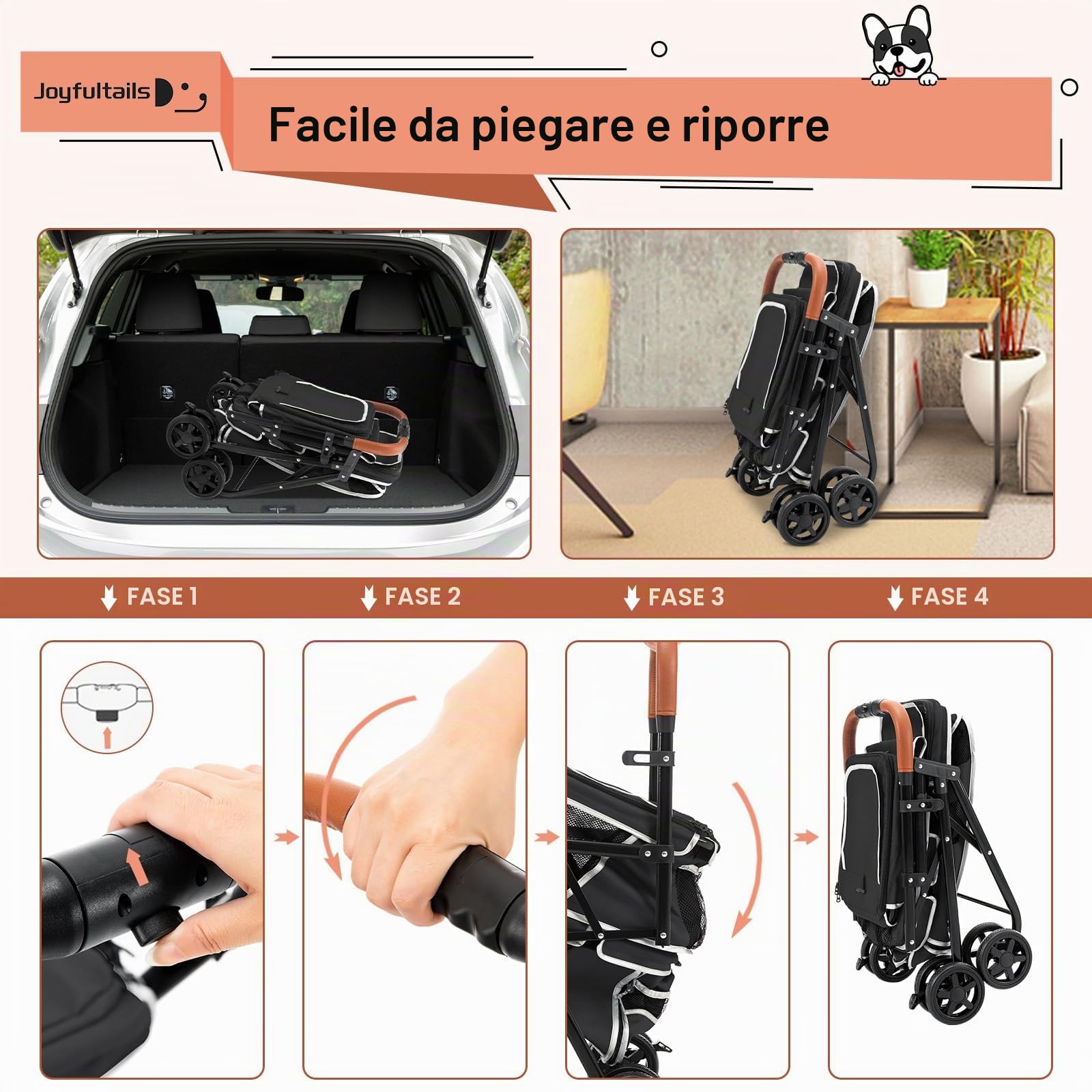 Passeggino per Cani Gemellare 20kg Capacità [Pieghevole 1 Secondo] Carrello per Animali con 4 Ruote con Freni e Struttura Ventilata per Taglia Media, nero