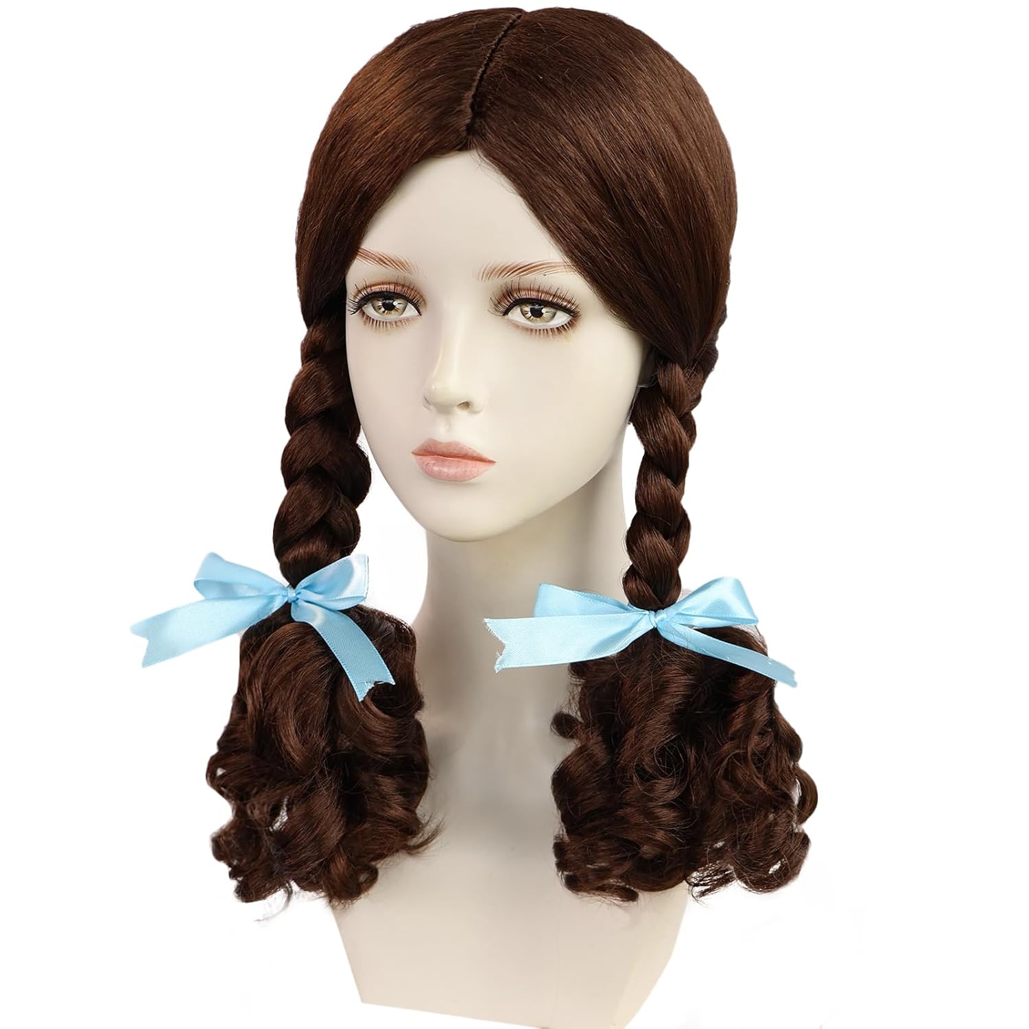 (Wig Cap + Reddish Brown Braided Cosplay Wig with Blue Ribbons for Women Synthetic Hair Long Costume Wigs with Braids for Adults Fairy Tale Brown Wigs for Halloween Costume Party Outfit - Image 4