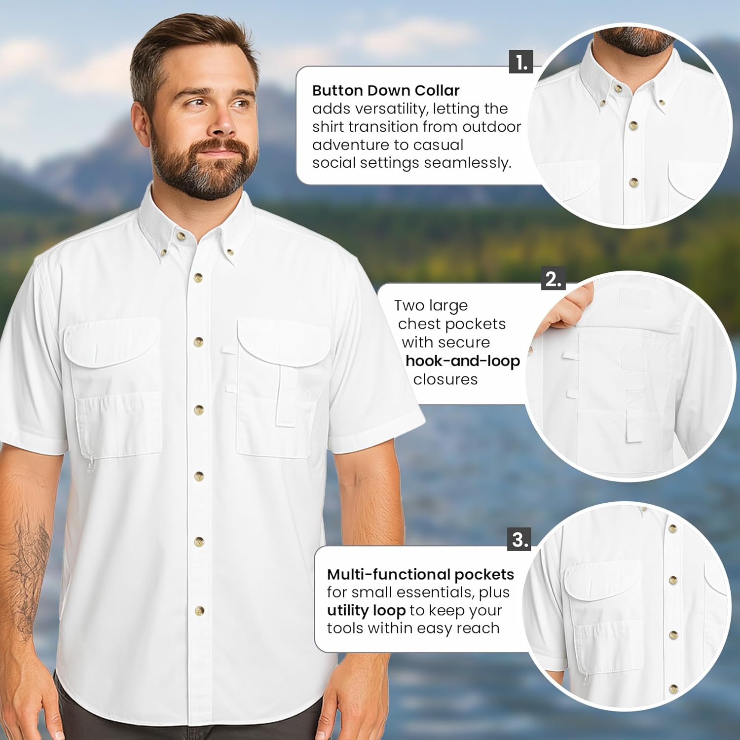 Men's Short Sleeve Fishing Button Down Shirt, Breathable Outdoors Casual Lightweight Shirt, White 2XL