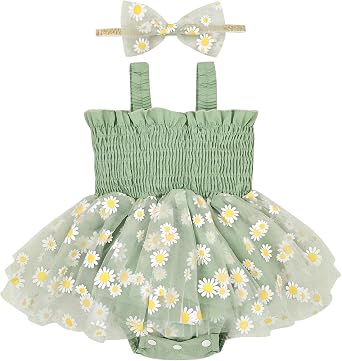 Baby Girl Summer Clothes Sleeveless Girl Clothes Cute Lace Daisy Romper Bodysuit Summer Outfits Headband 0-12Months