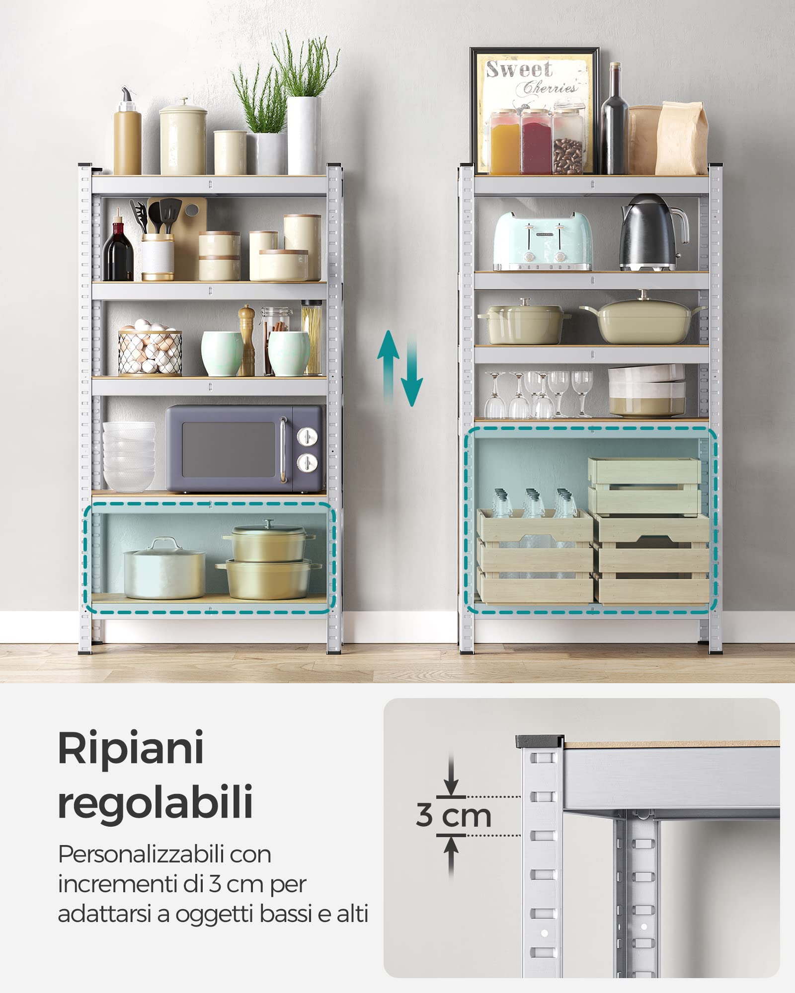 SONGMICS Mensola portaoggetti a 5 livelli, 30 x 75 x 150 cm, capacità 650 kg, tavole regolabili, stile industriale, per cucina, soggiorno, argento GLR030E01