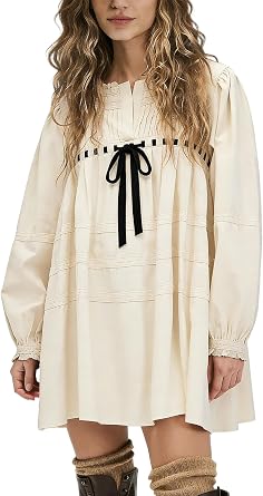 Women Bow Tie Front Babydoll Mini Dress Long Puff Sleeve Lace Trim Shirt Dress Y2k Loose Ruffle Flowy Short Dresses