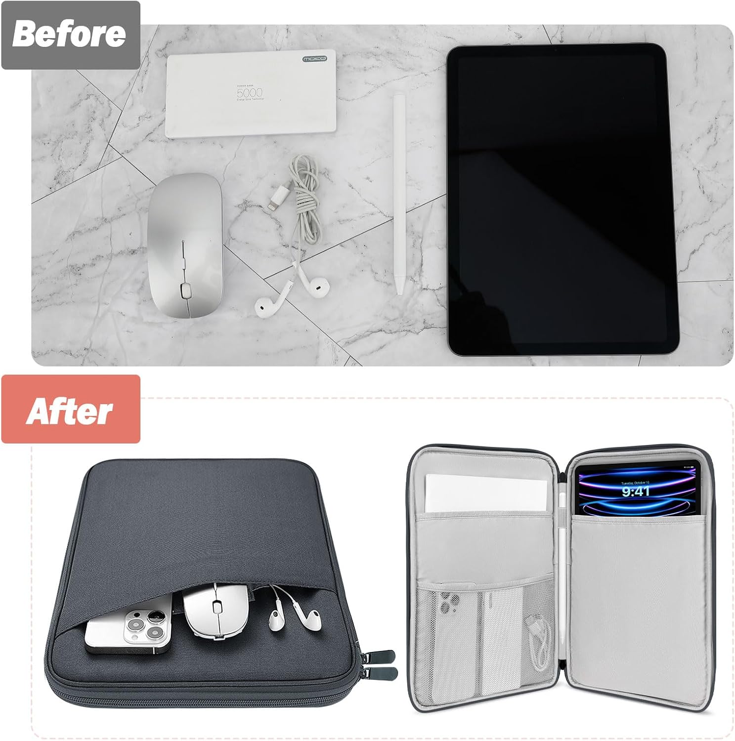 MoKo 9-11 Inch Tablet Sleeve Case, Fits 11inch iPad Air M3, iPad A16 2025, Pro 11 M4, i-Pad 10/9/8/7th, Galaxy Tab S9/S8/A8/A7, Protective Bag Carrying Case with Pocket, Dark Gray - Image 4