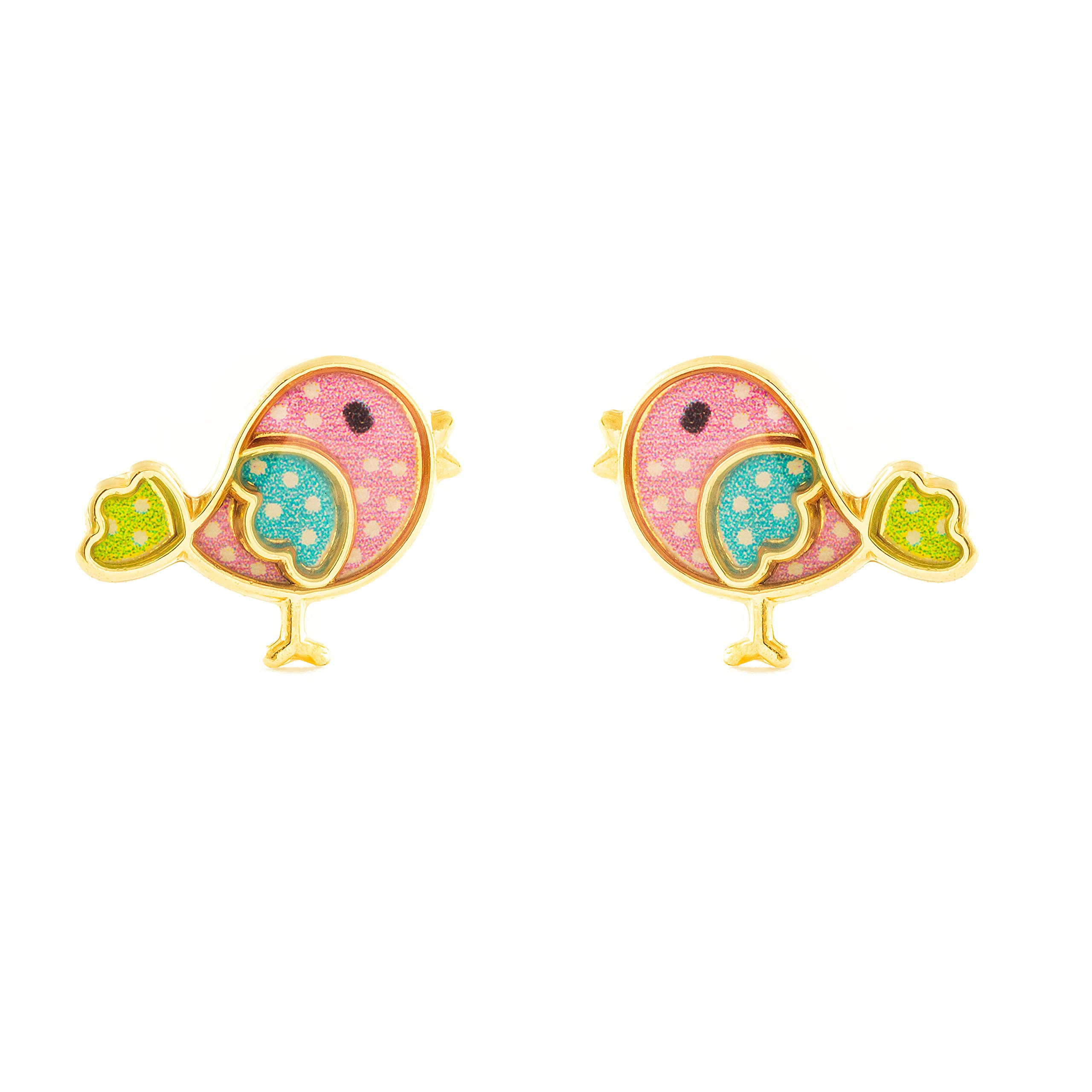 Monde PetitPendientes Niña Oro 9 Kilates (9K) Pajaro Esmalte Multicolor - Mondepetit - Estuche Regalo - Certificado de Garantía