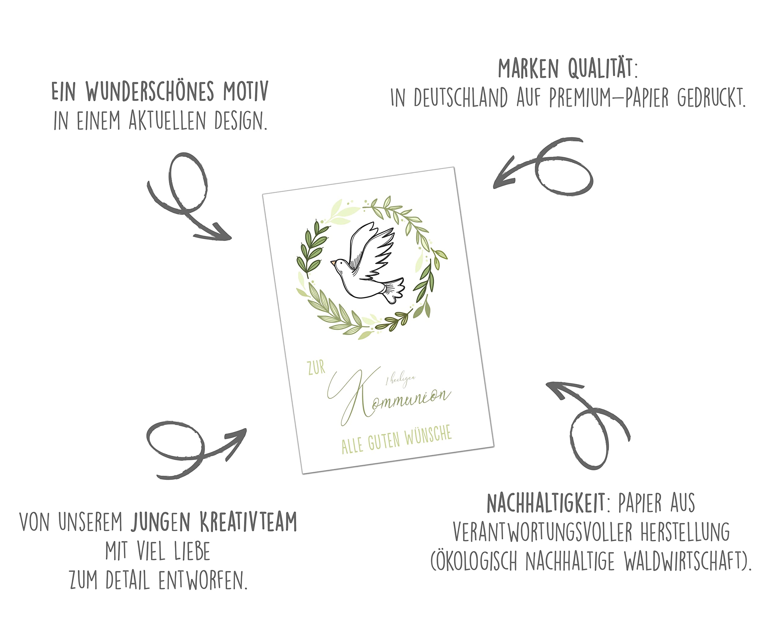 Edition Seidel KO280 SW023 Carte De Vœux De Communion De Qualité Supérieure Avec Enveloppe - Carte De Vœux Pour Communion - Motif Colombe - Branches Vertes - Pour Garçons Et Filles