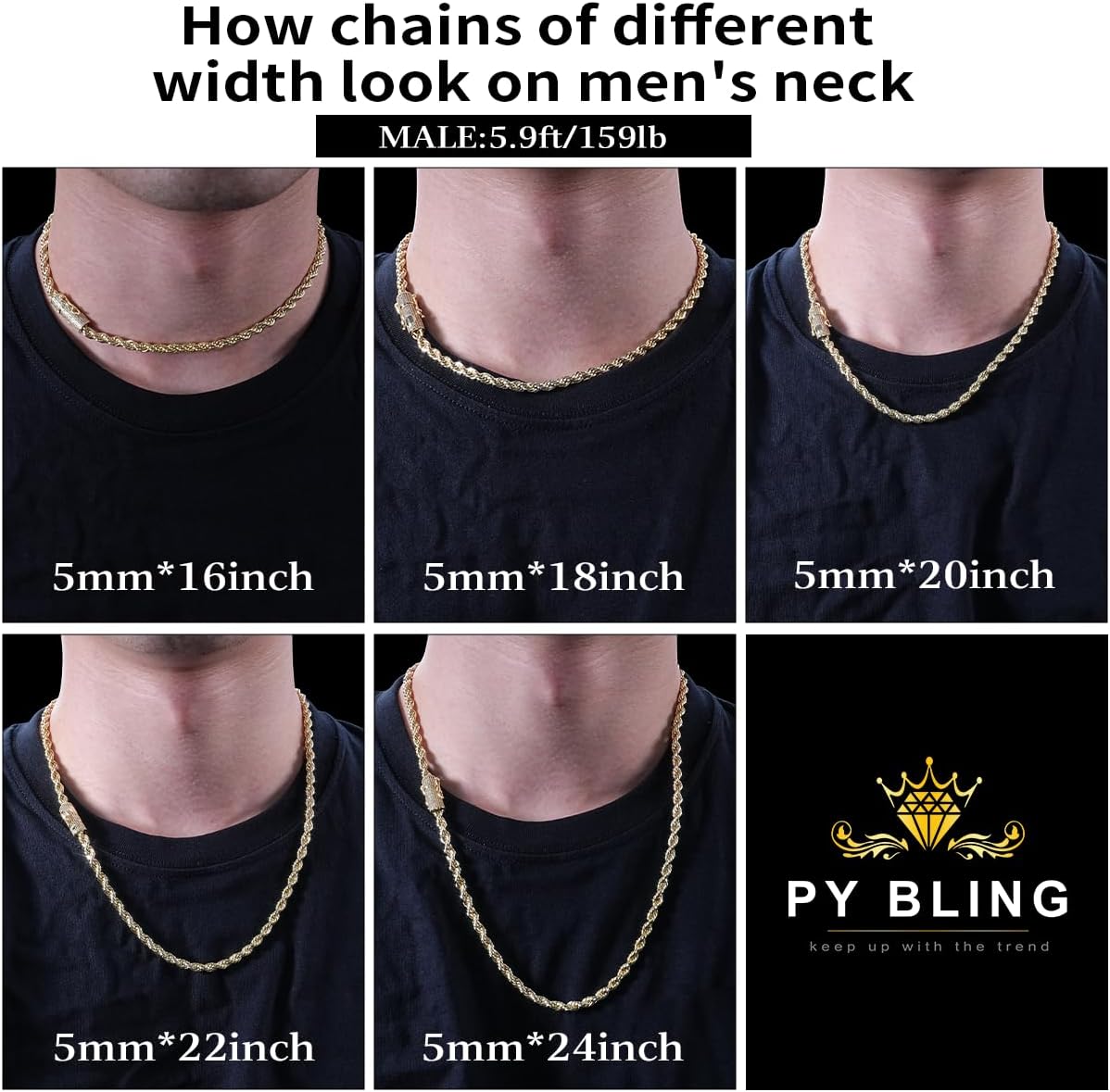 14k Gold Plated 5mm Gold Rope Chain with Artificial Simulated Diamond Clasp Stainless Steel Twist Chain Bracelet Necklace for Men Women 7.5-24 Inches - Image 5