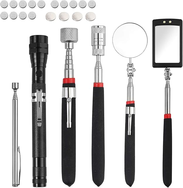 XUNTOP 6 Pieces Magnetic Telescoping Pickup Grabber Tool Set,Including 15 lb/1 lb/8 lb with LED Light/Round/Square Inspection Mirror/Telescoping Handle 360° Swivel, For Extra Viewing Pickup Dead Angle