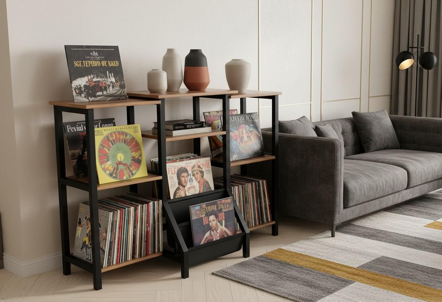 Record Player Stand With Vinyl Storage - Tall 36" Turntable Cabinet With Storage - Mid Century Modern Record Player Table - Vinyl Record Storage Shelf For 300+ Albums