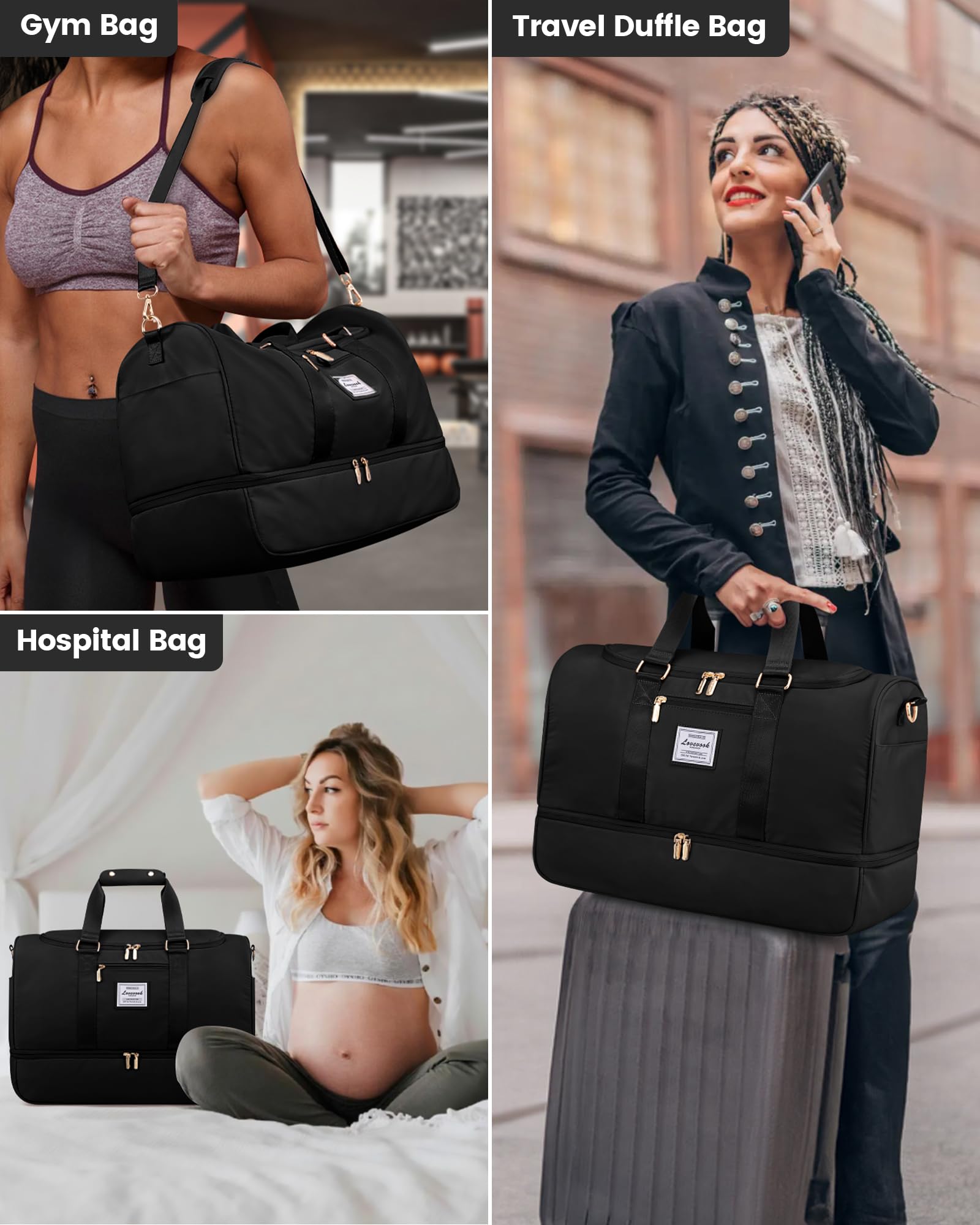 LOVEVOOK Borsone da Viaggio Borsa Palestra Donna, 50L Bagaglio a Mano con Scomparto per le Scarpe, Impermeabile Borsa Sportiva Piscina, Grande Weekend Travel Duffel Gym Bag per Aereo Fitness, Nero