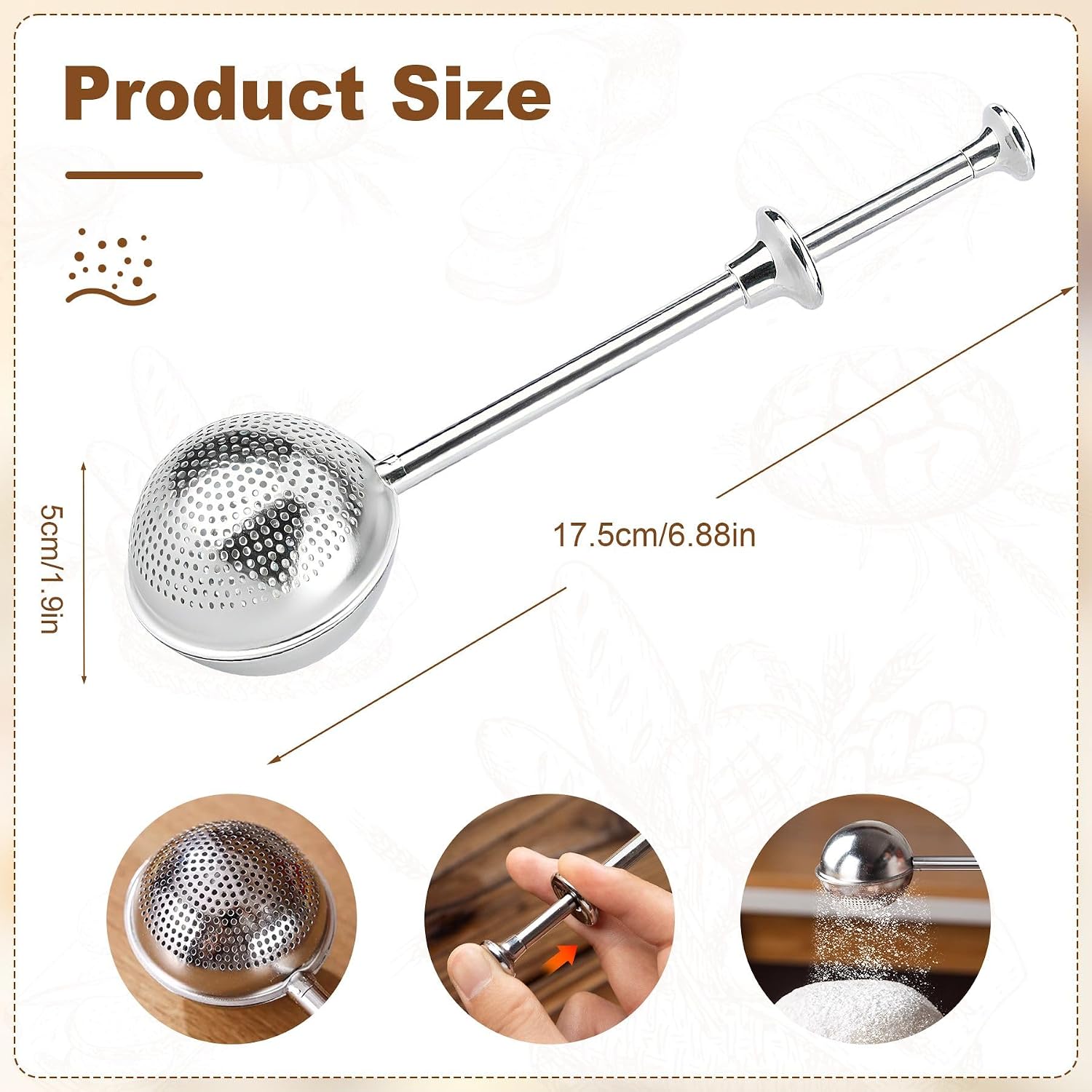 Powdered Sugar Shaker Duster, 2 PCS Sifter for Baking, Flour Duster for Baking, 304 Stainless Steel Powdered Sugar Spring Duster for Baking, Spring-operated Handle for Sugar Flour and Spices