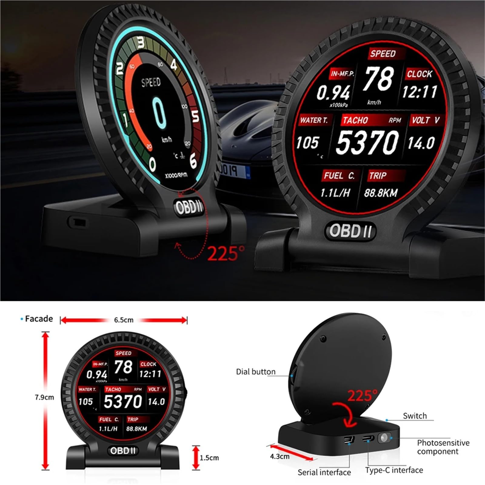 Pantalla Frontal HUD OBD2 for Coche con múltiples Indicadores for Velocidad, RPM, Voltaje, ODO y Reloj(Black)
