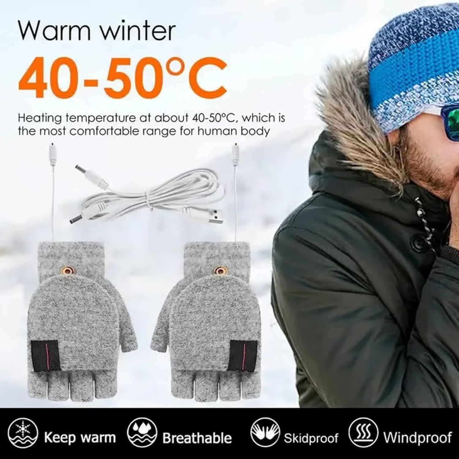 Heated gloves showing USB connection
