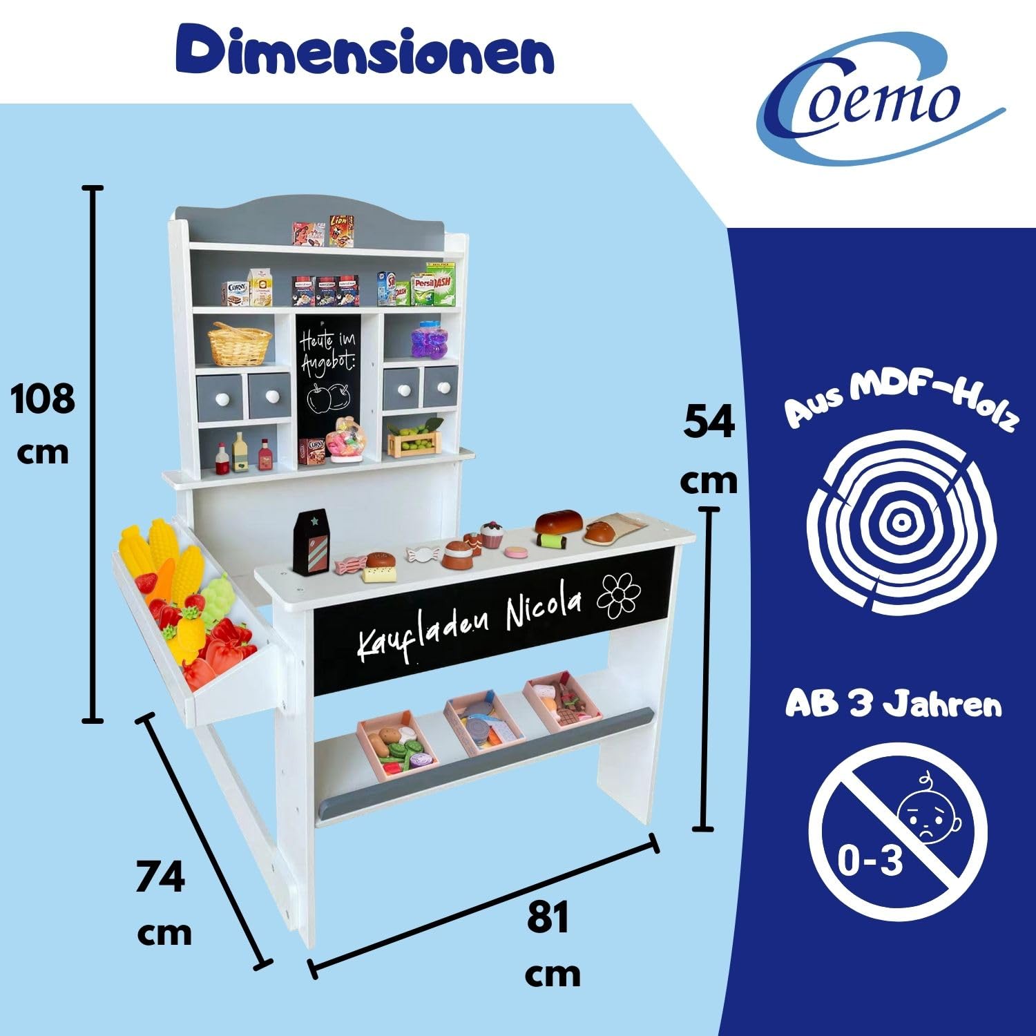 Coemo Kaufladen Nicola Kinder Kaufmannsladen aus Holz, Verkaufsstand Theke, Tafel, Seitentheke & Schublade Marktstand als tolles Geschenk, Grau