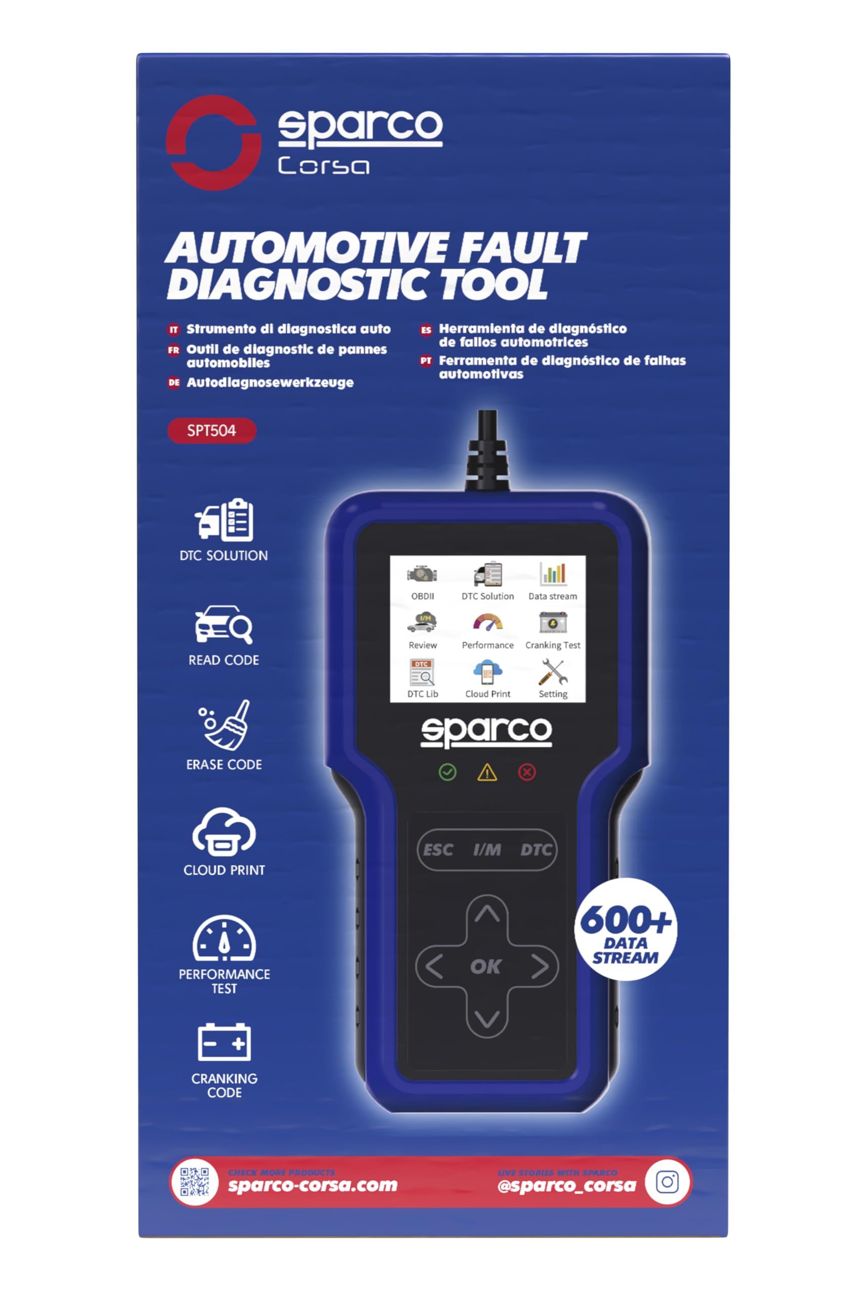 Sparco Dispositif de Diagnostic Automobile OBD2 Scanner Lecteur de Codes d'erreur Moteur et Transmission avec Test de Batterie et émissions I/M Readiness Multilingue pour véhicules à Essence