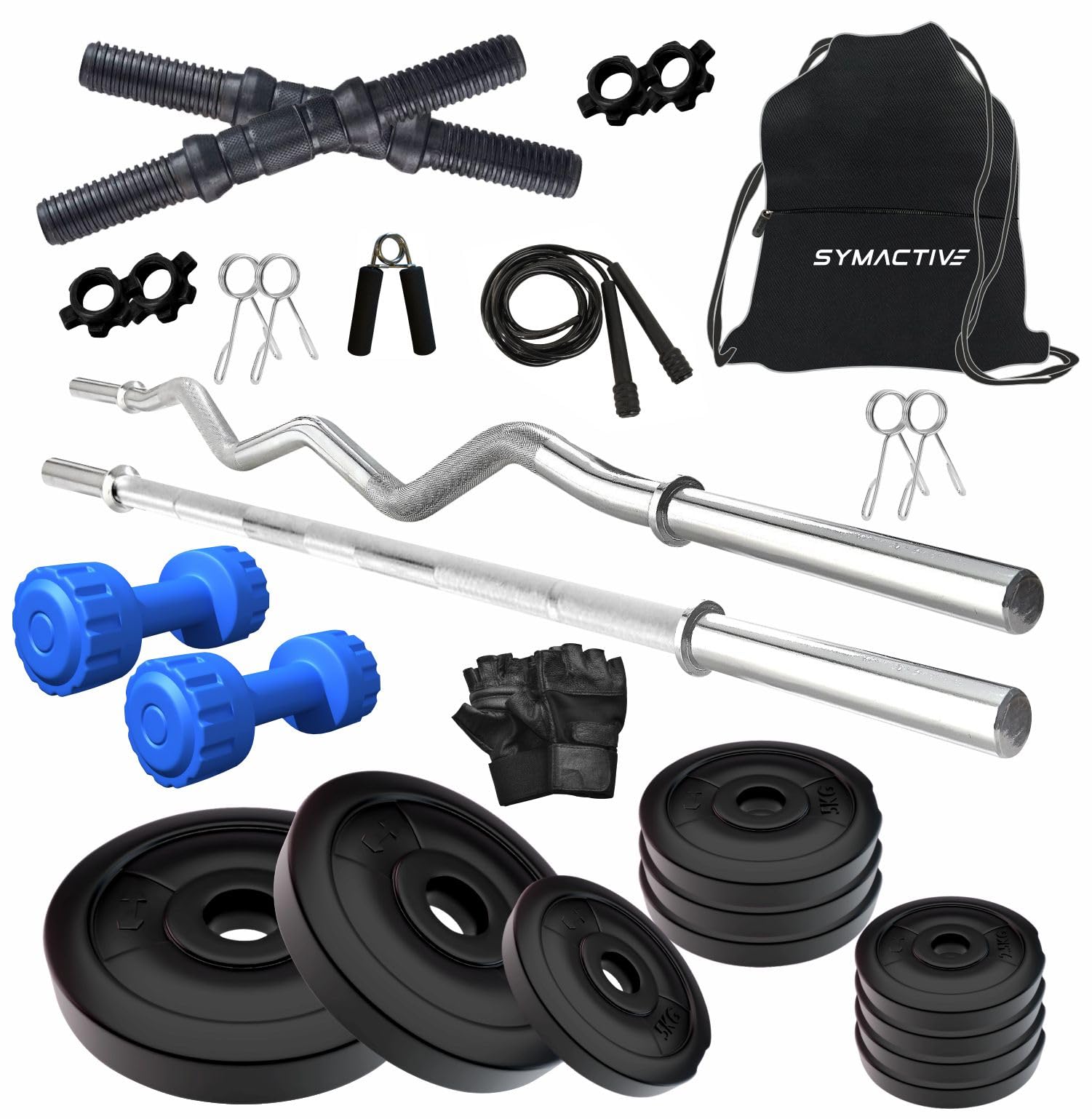 Amazon Brand Symactive 50 KG PVC Home Gym Fitness kit | Dumbbells & Gym Bag (50 Kg Weight, 1 Kg x 2 Dumbbells, 3 Ft Plain Rod & Curl Rod, 2x14'' Rods, 4 Locks, Skipping Rope, Gloves, Gripper, Bag)-image-33