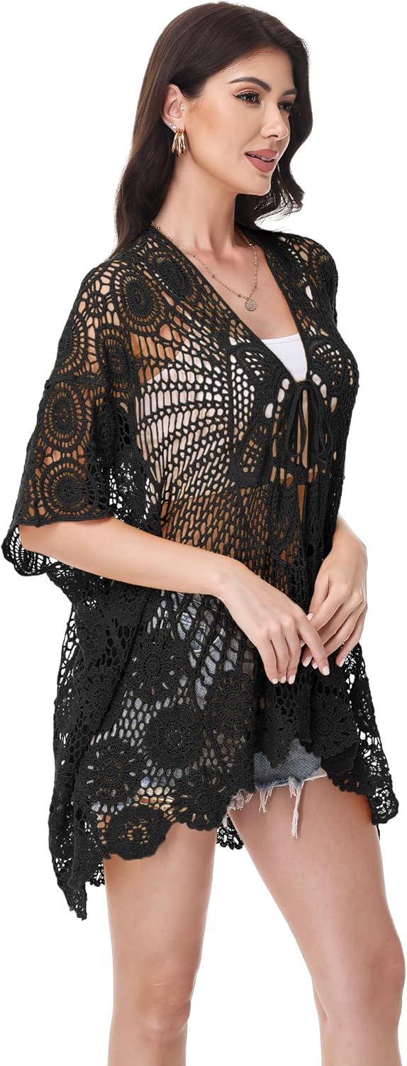 Anna-Kaci Crochet Lace Cardigan Kimono Top with Boho Floral Patterns for Beach, Vacation, or Casual Layering - Image 3