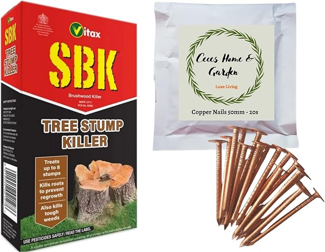 SBK Tree Stump Killer Tough Weed Weedkiller 250ml Concentrate Glyphosate-free | CHG 20 Pieces Copper Clout Roofing Nails 50mm | Tips Sheet | Bundle for Killing Tree Root Weeds Stump Removal