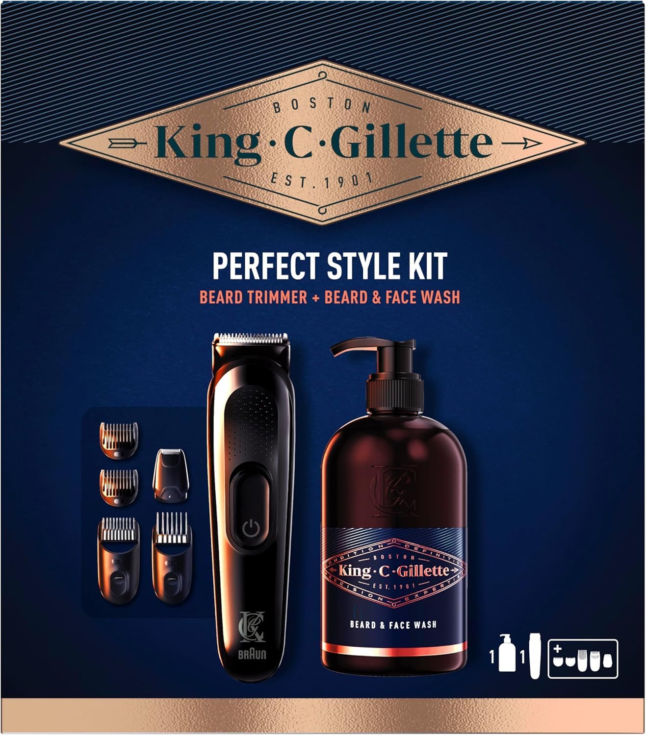 King C. Gillette 3 w 1 męski zestaw do czyszczenia twarzy i trymer do twarzy, nawilżający twarz i brodę, optymalny do pielęgnacji brody, opakowanie na pomysł na prezent, profesjonalny zestaw do brody