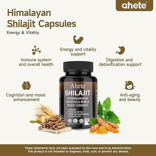 Miniatura 3 de Suplemento de cápsulas Shilajit, equivalente a 9000 mg con Ashwagandha, Rhodiola, Ginseng, suplemento Shilajit para energía y estrés, 60 cápsulas,