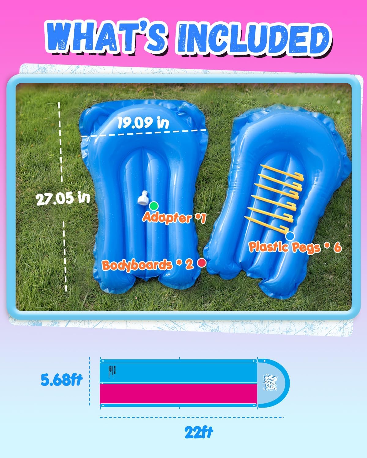 Spring Water 22ft Inflatable Slip and Water Slide for Kids, 2 Racing Lane Giant Slip n Water Slides for Backyard Heavy Duty with 2 Bodyboards, Outdoor Summer Water Toys Funs Sprinkler
