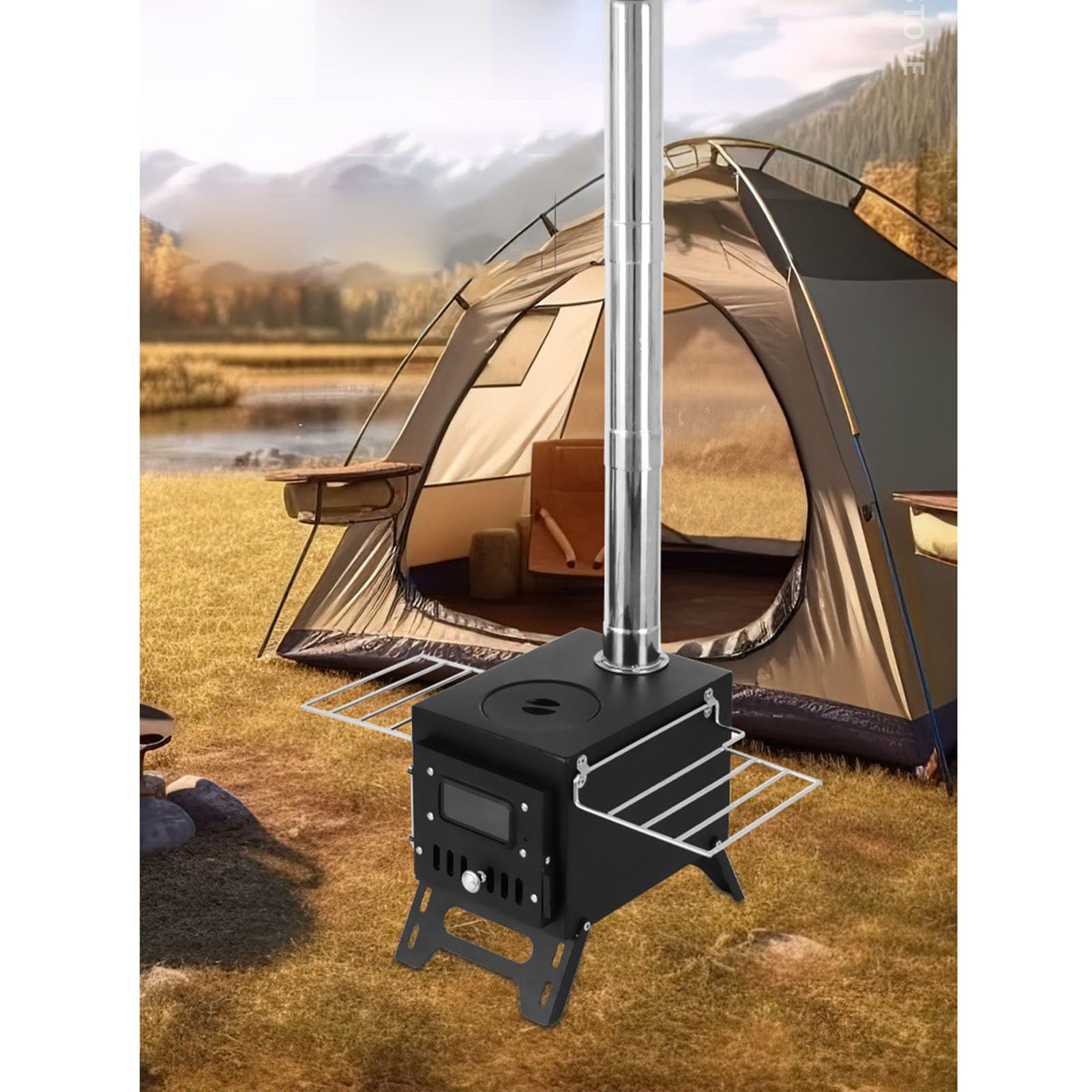 Estufa de leña para tienda de campaña, estufa de leña portátil para tienda de campaña caliente con tubo de chimenea a prueba de viento, estufa de cocina al aire libre para acampar, cazar, pescar