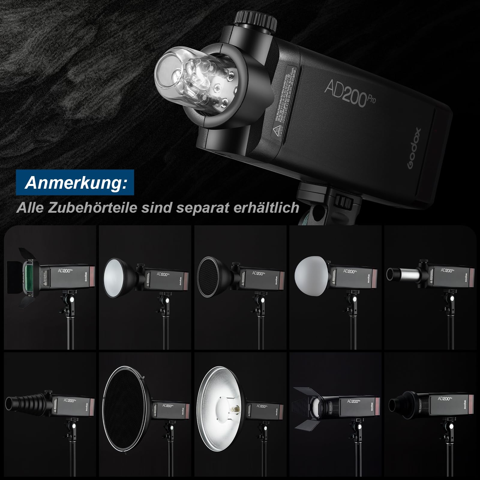 GODOX AD200Pro II Flash de cámara AD200 Pro II 500 Flash de Potencia Completa 2.4G TTL 200W Flashes de Bolsillo HSS 1/8000s LED luz de Modelado con BD-07II Barn Door Honeycomb、AD-E2 Soporte
