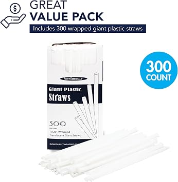 Party Essentials Disposable Plastic Drinking Straws, 10.25 Giant/300 Count, Individually Wrapped Clear