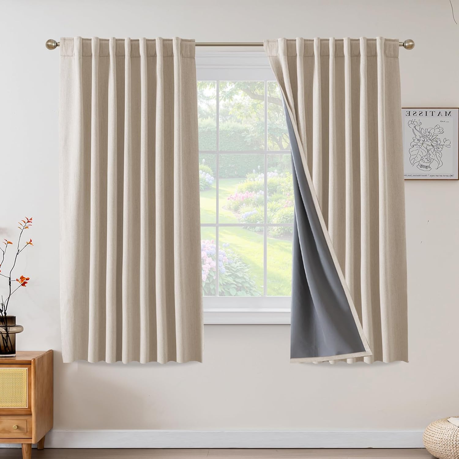 PrinceDeco Blackout Curtains 63 inch Length 2 Panels Set 100% Blackout Long Drapes for Bedroom Living Room Darkening Curtain Thermal Insulated Back tab Rod Pocket(W52 x L63 Inch,Bleached Sand)