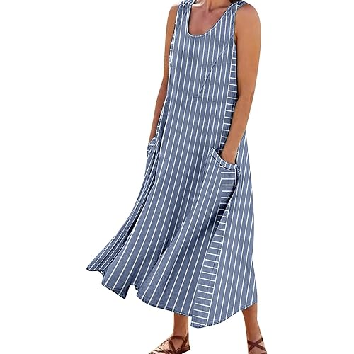 Women's Linen Dress Sleeveless Cotton Linen Maxi Dresses Plus Size Flowy Tank Sundress Beach Vacation Outfits