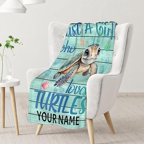 Miniatura 2 de Manta de tortuga marina personalizada con nombre, suave, mullida y cálida, manta de 50 x 60 pulgadas, para cama, sofá, azul, lindo, regalo para