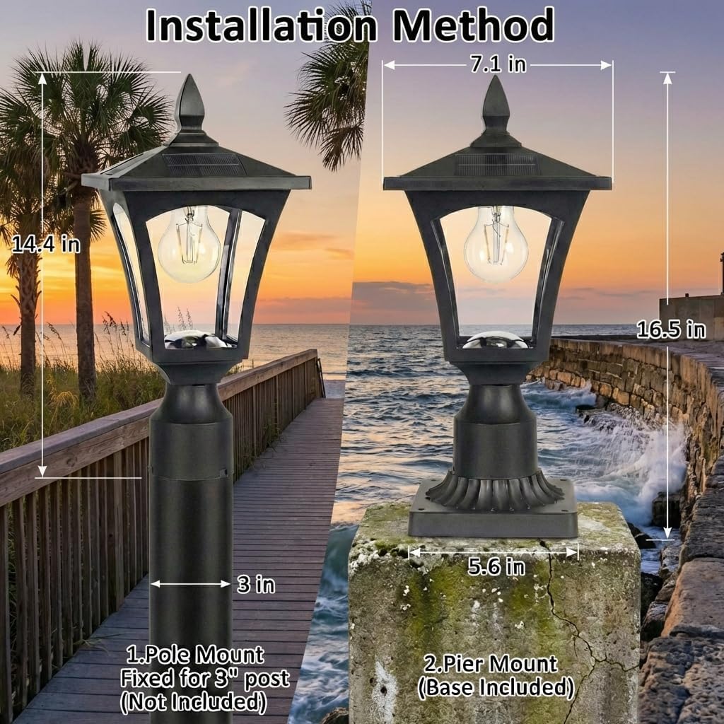 Eyrosa Outdoor Solar Lamp Post Light with Glass Shade & Pier Mount Base, IP45 Waterproof Dusk to Dawn Solar Post Lantern, Warm White for Garden, Yard, Fence, Deck & Holiday Décor