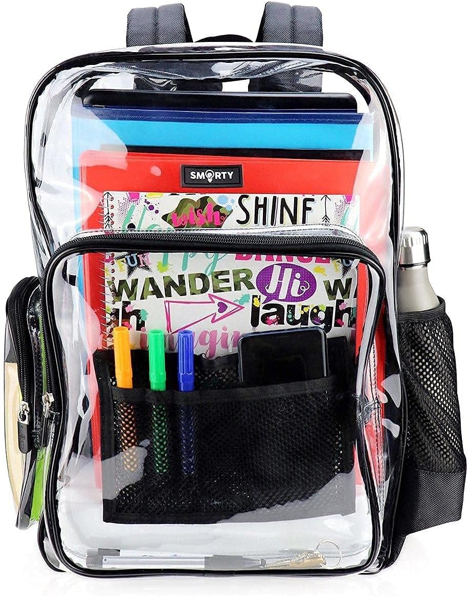 SMARTY Large Heavy Duty Clear Backpack V6 Durable Transparent See Through Bag (Black)