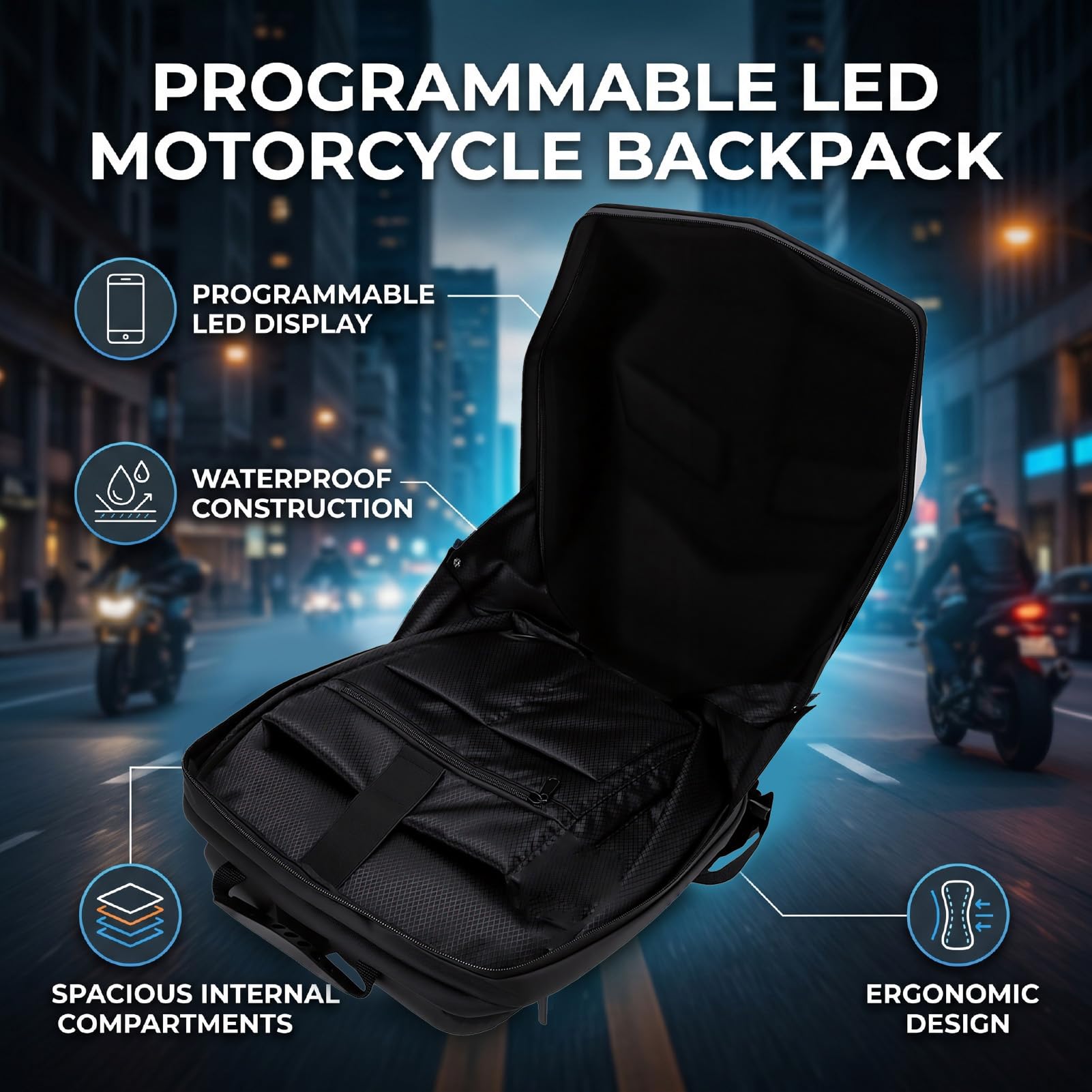 SEAFRONT Plecak Motocyklowy Programowalny Plecak LED, Sterowanie Bluetooth
