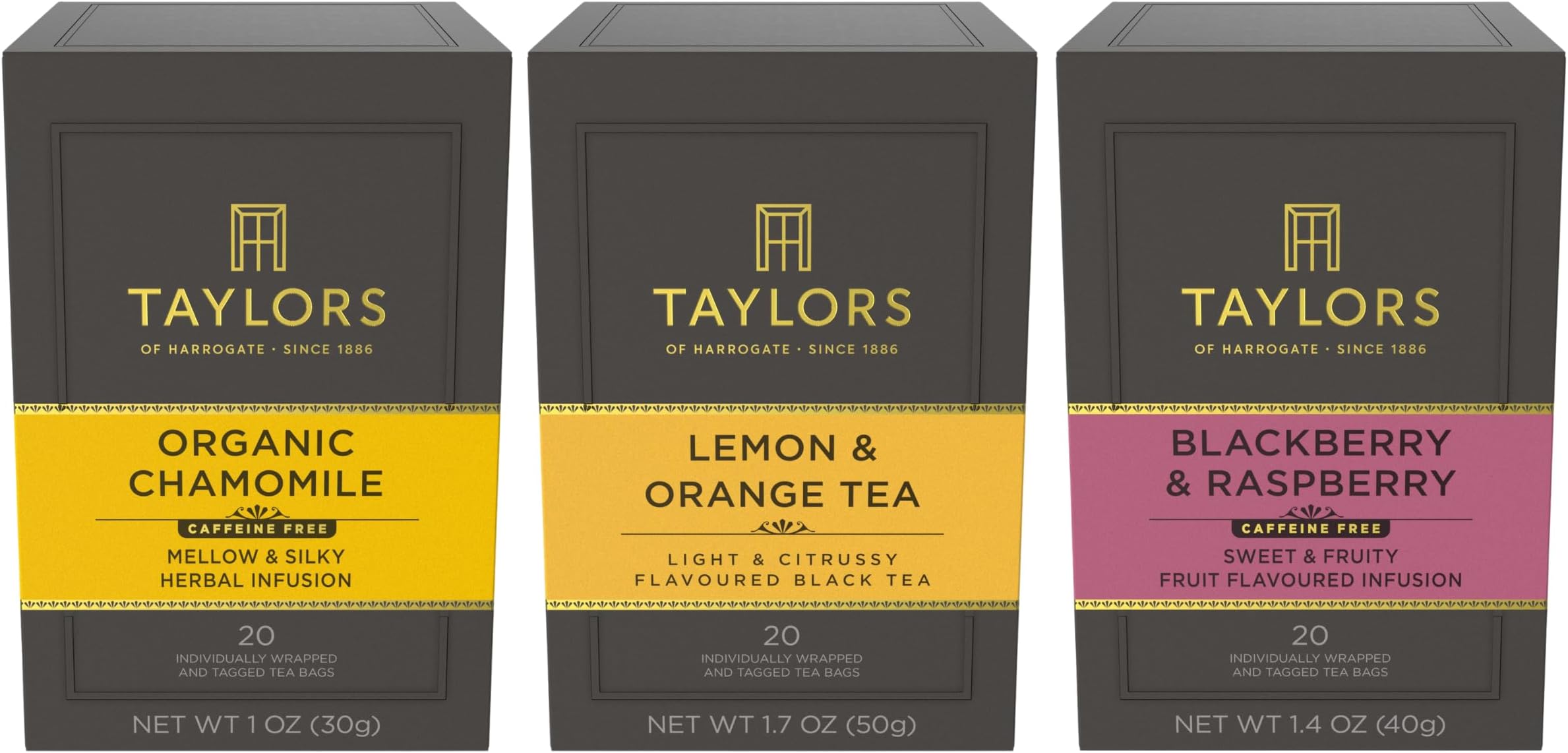 Taylors of Harrogate Herbal Tea Variety Pack, Individually Wrapped Bags, Chamomile, Lemon & Ginger, Blackberry & Raspberry 20 Count (Pack of 3), Caffeine-Free, Enjoy Hot or Iced, 60 Teabags