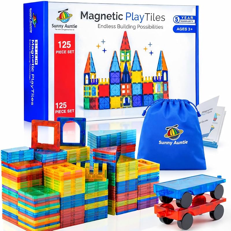 Juego de construcción de juguetes STEM de azulejos magnéticos, a partir de 3 años - 125 piezas | Juguetes de construcción de azulejos magnéticos, juguetes STEM, juego de construcción de bloques magnéticos, con 2 autos y folleto guía para niños a partir de 3 años