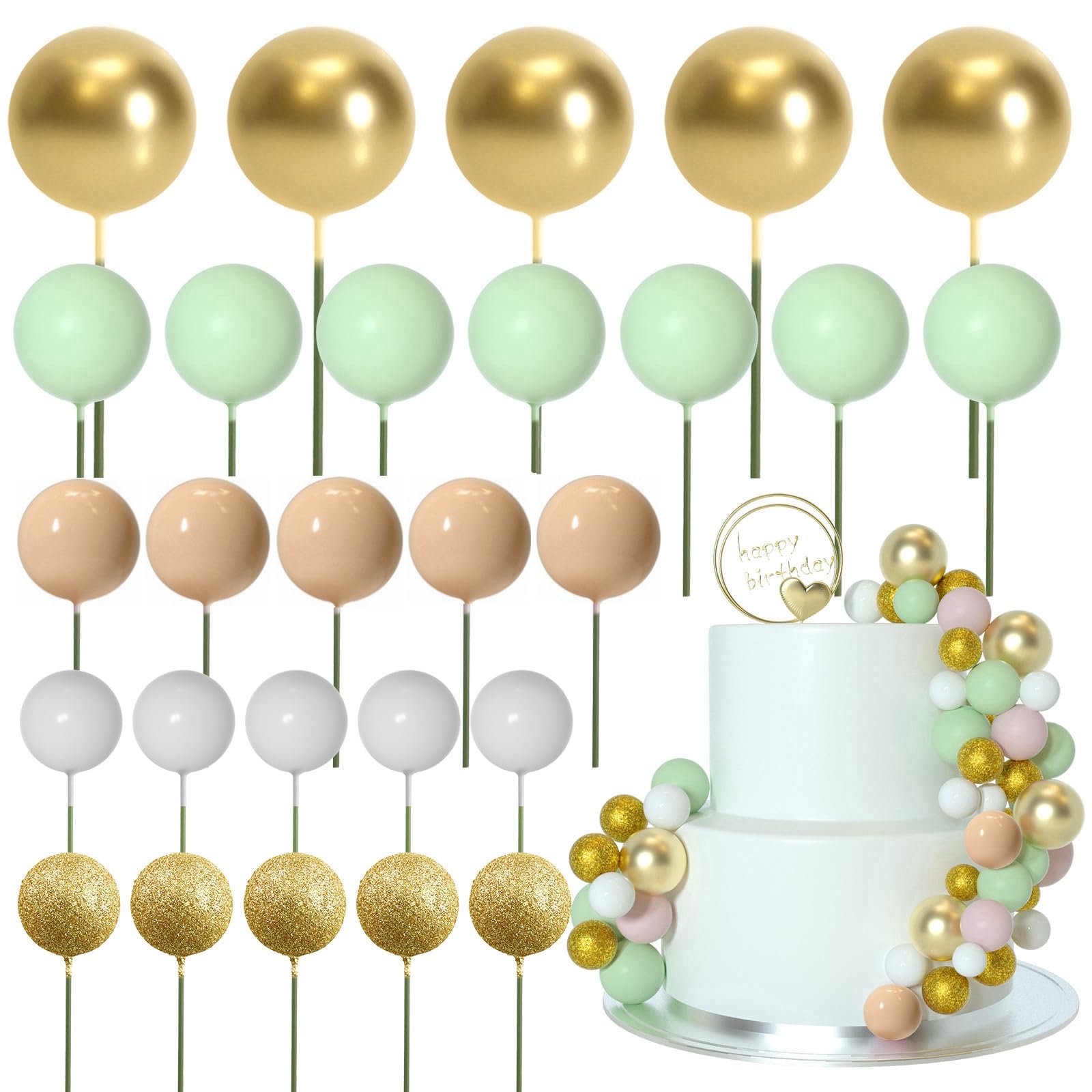 ASTARON 50 Stück Tortendeko Kugeln Cake Topper, Mini-Ballons Tortenaufleger für Hochzeit Party Babyparty Geburtstag Torte Dekorieren(Hellbraun, grüne Serie)