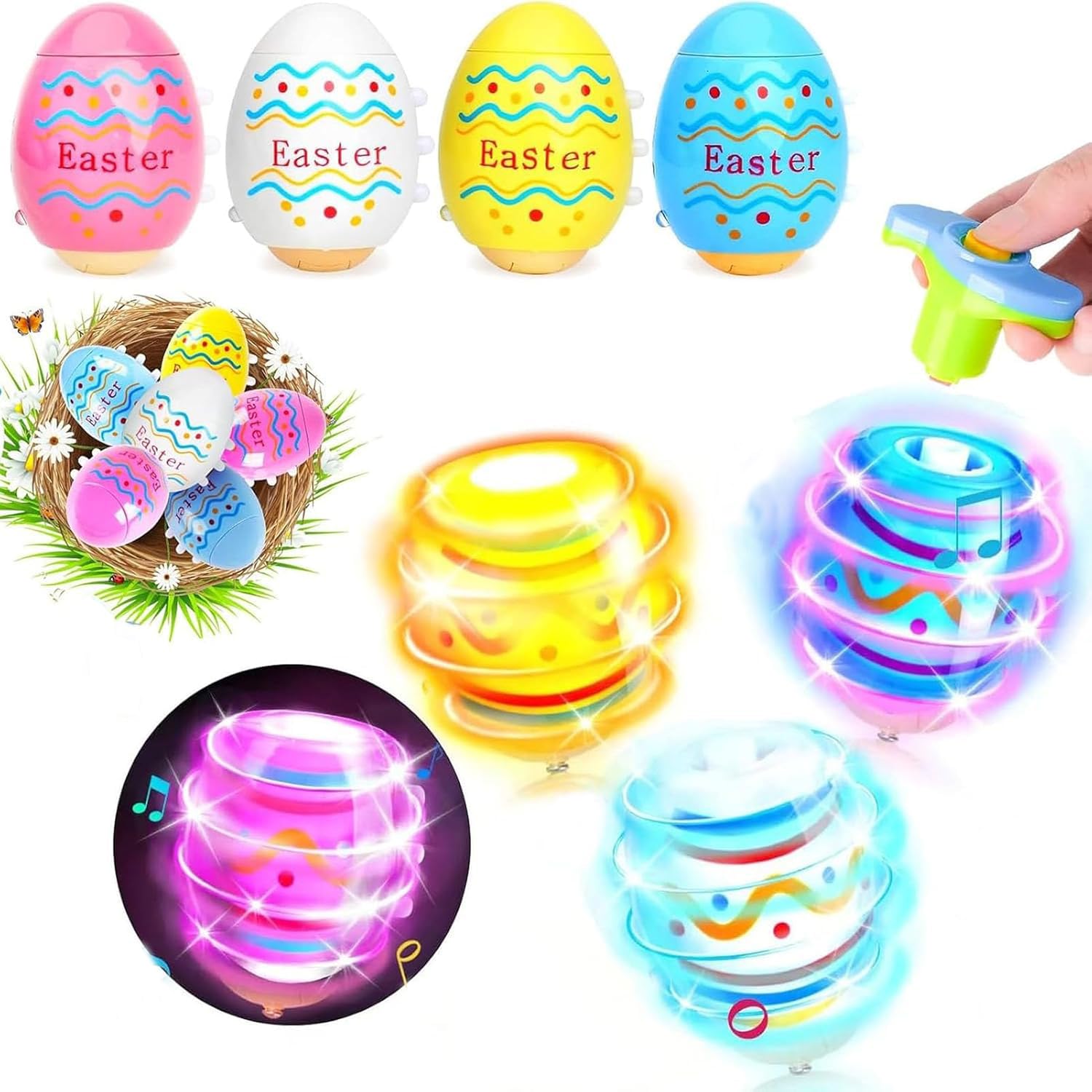 Light Up Spinning Tops, 4 PCS Easter Eggs Gyroscope Flashing Spinning Top with Music and LED Lights Gifts for Boys Girls