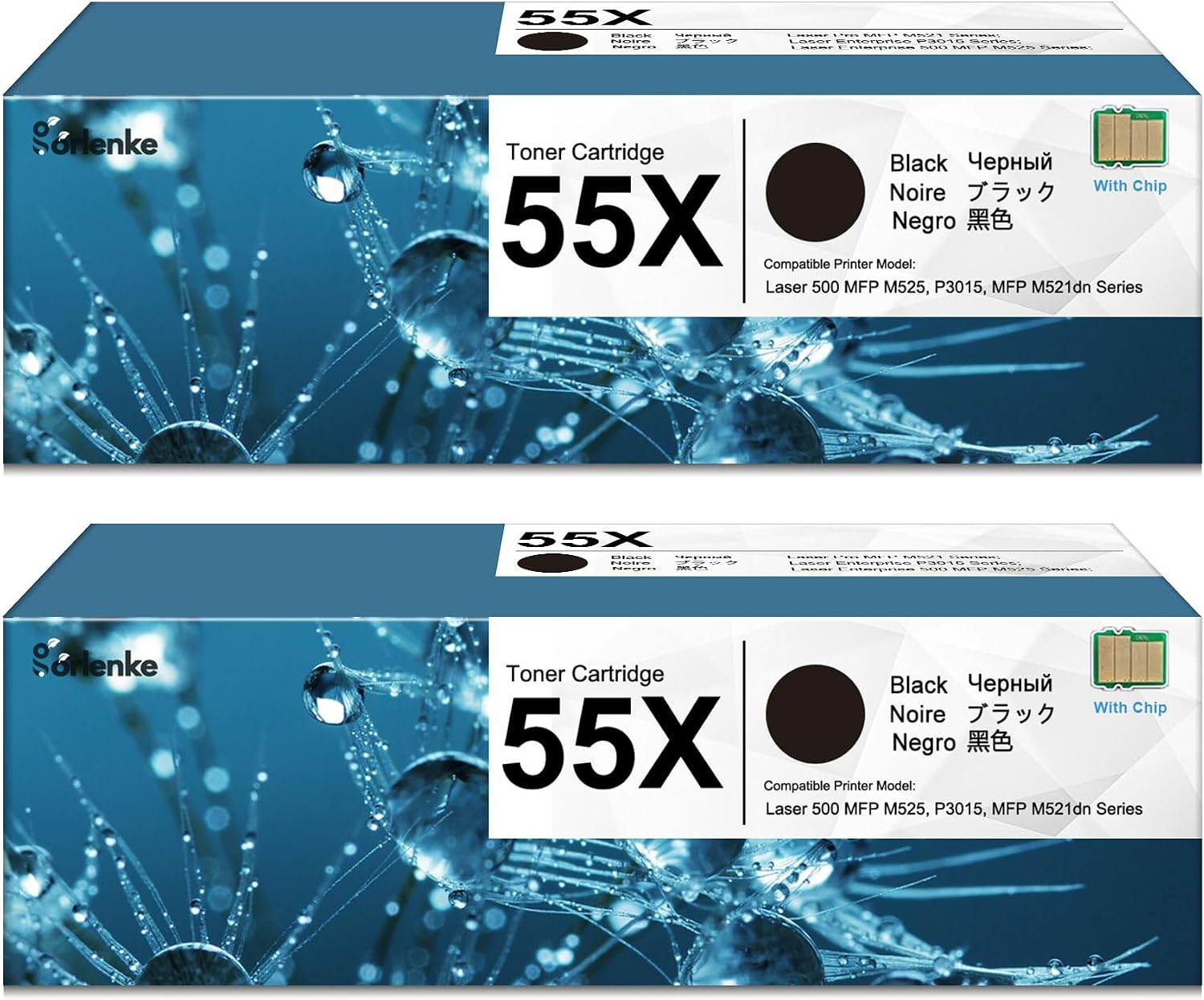 CE255X 55X Black High Yield Toner Cartridge with Chip 2 Pack, 55X Black Toner Cartridge Replacement for HP 55X Toner 55A for Enterprise 500 MFP M525, Enterprise P3015, Pro MFP M521 Series Printer