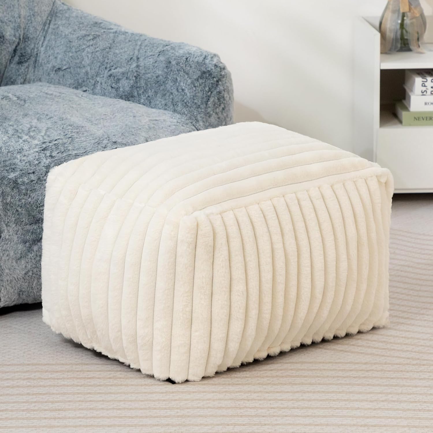 HollyHOME 15"(H) Bean Bag Ottoman Pouf, 6.6LB Memory Foam Filled Footstool for Sofa, Accent Stuffed Footrest Stool with Washable Cover, Single Footrest Stool for Living Room, Bedroom, Striped White