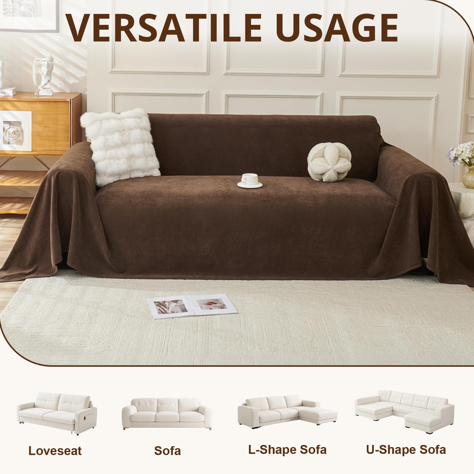 Royhom Sofa Überzug, Chenille Couch Überzug Ecksofa, Sofabezug L Form, Sofa Schutzdecke, Sofahusse mit Armlehne, Sofaüberwurf Decke Weich und Bequem, Brown, 340x180 cm