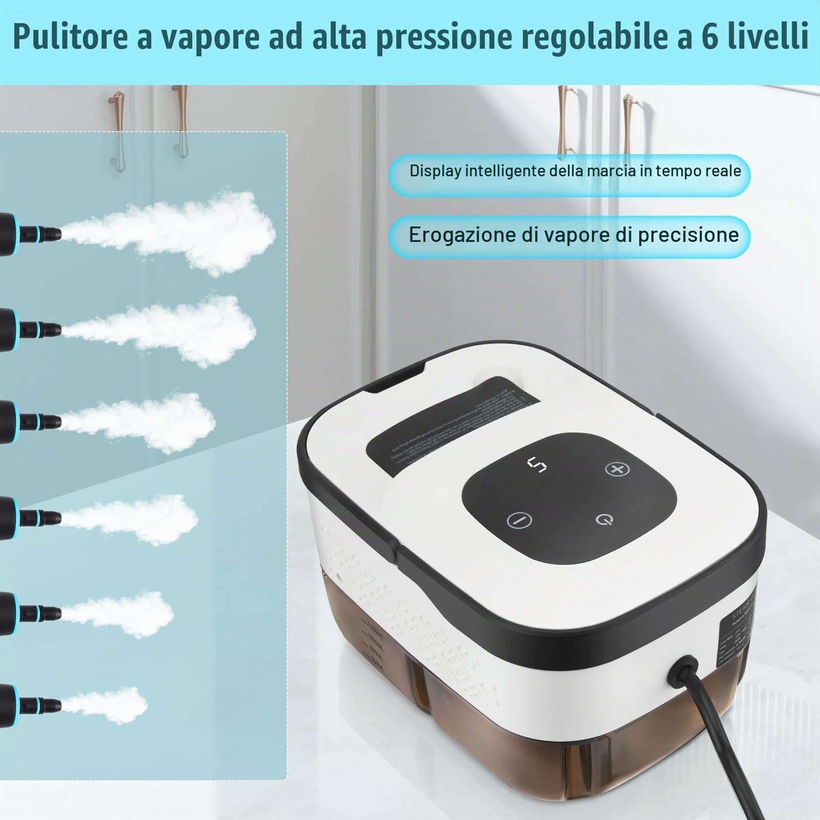 Pulitore a vapore 2500 W, 4,5 bar, alta pressione, riscaldamento 15 secondi, serbatoio 1250 ml, 9 accessori, tubo da 2 m, per la pulizia della casa, potente per cucina, auto, pavimento