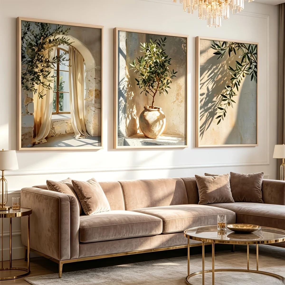 Dittelle Poster retrò rustico con piante e fiori, ramo d'ulivo vintage e foglie d'ulivo, stampe su tela per l'arredamento del soggiorno (50x70cmx3/senza cornice)