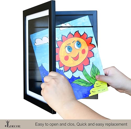 Miniatura 2 de JWL Decor Marco de arte infantil de 9 x 12 pulgadas, marco magnético de madera intercambiable con apertura frontal para mostrar obras de arte