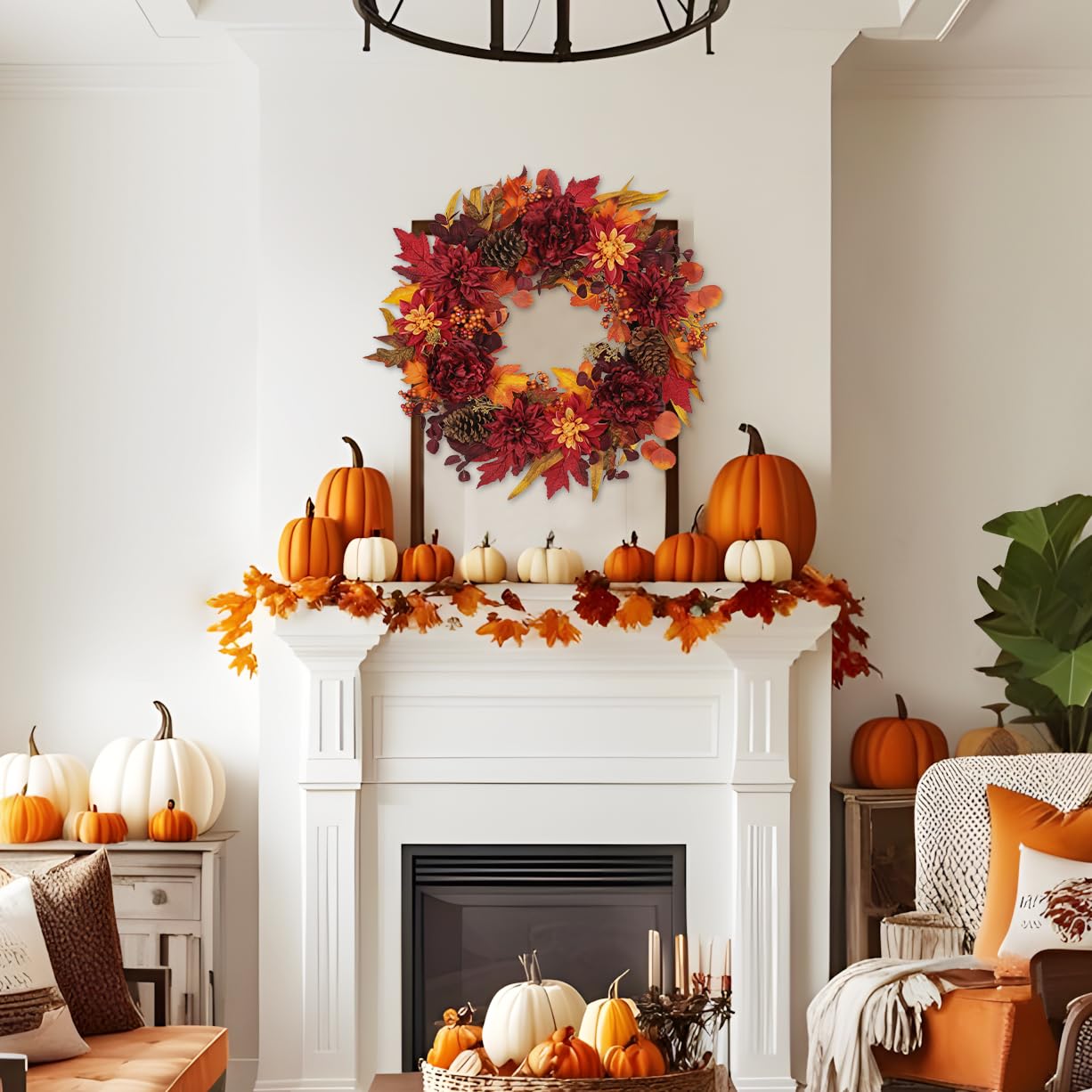 Briful Couronne d'automne 60 cm - Couronne de fleurs de dahlia artificielles - Couronne de fleurs de pin artificielles avec pommes de pin - Pour porte d'entrée - Décoration murale