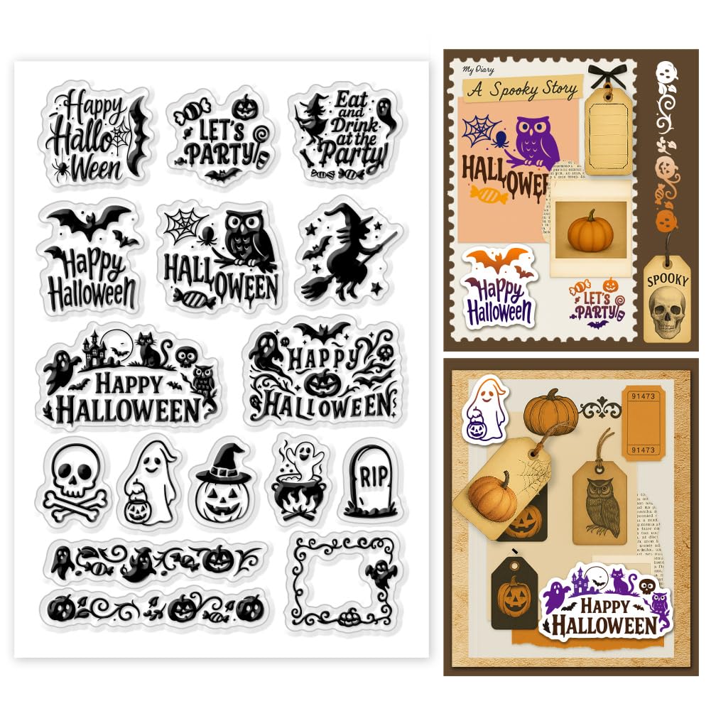 GOMAKERER 1 Sheet Clear Stamp, Bat Owl Skeleton Ghost Transparent Rubber Stamps Reusable Silicone Clear Stamp Seals for Card Making Scrapbooking Album Halloween Decor, 16x11cm
