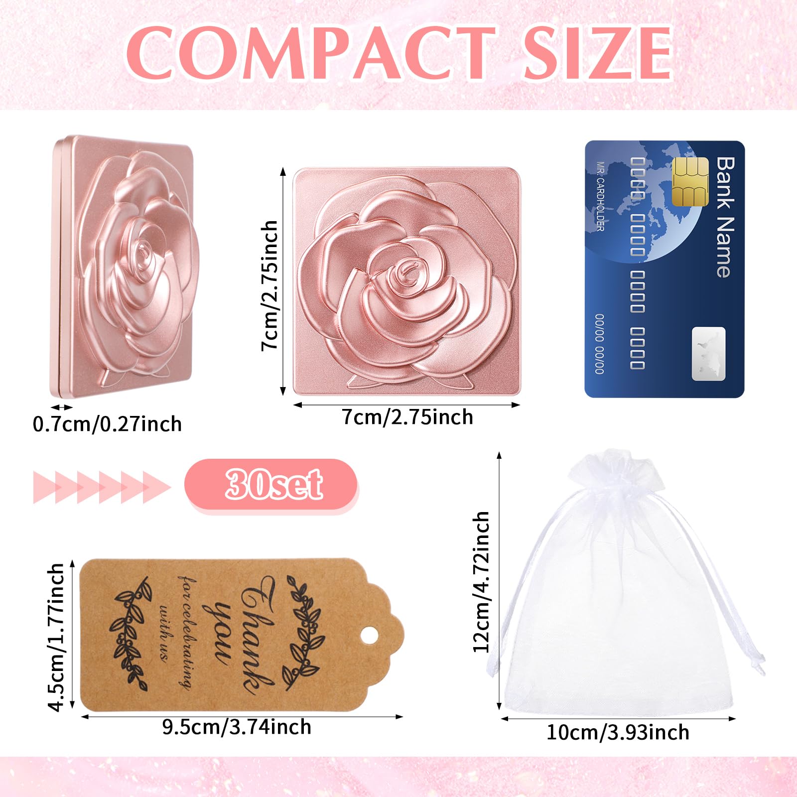 Soaoo Zestaw 30 różowych kompaktowych luster luzem Quinceanera Party Favors dla gości kieszonkowe lusterko z podziękowaniami i torbą z organzy na ślub wieczór panieński wieczór panieński przyjęcie