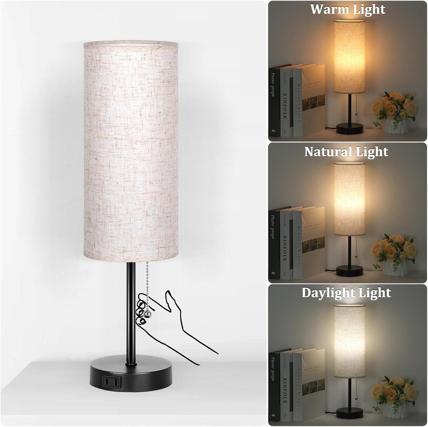 Dott Arts 18" Table Lamp for Bedroom, 3-Color Bedside Lamps with Pull Chain, Bedroom Table Lamps for Nightstand,AC Outlet Small Lamp for Living Room, Bulb Included Flax 18 in Flax-Black